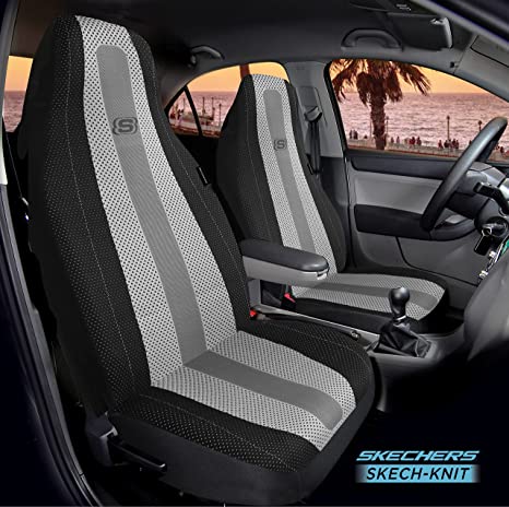 Skechers Skech-Knit Car Seat Cover, One-Piece Knitted Breathable Seat Protector, Two-Tone Front Seat Cover Set, Airbag Compatible, Automotive Interior Protection for Cars, Trucks, SUVs (Black&Gray)