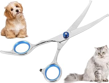 Playmont Dog Grooming Scissors with Safety Round Tip, Pet Dog Cat Scissors for Grooming, Stainless Steel Dog Cat Grooming Shears (Blue Upward Curved Scissors)