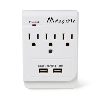 Magicfly Power 3 AC Outlet Socket Wall Mount Surge Protector with Dual USB Charging Port Wall Charger 2.1A