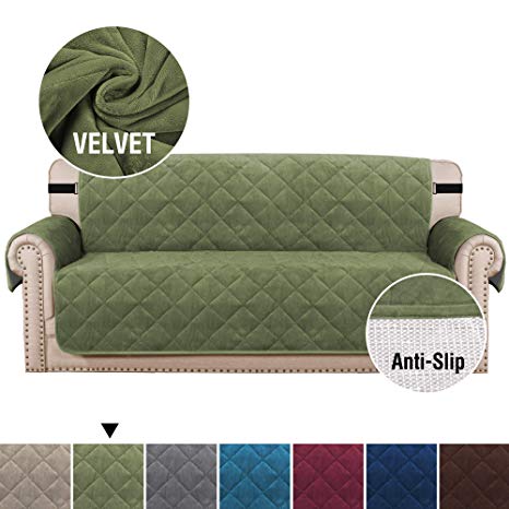 H.VERSAILTEX Ultra Soft Velvet Sofa Covers for Living Room Slip Resistant Quilted Furniture Protector with 2" Straps and Pockets Seat Width Up to 70" Couch Cover for Dogs (Sofa Large: Loden)