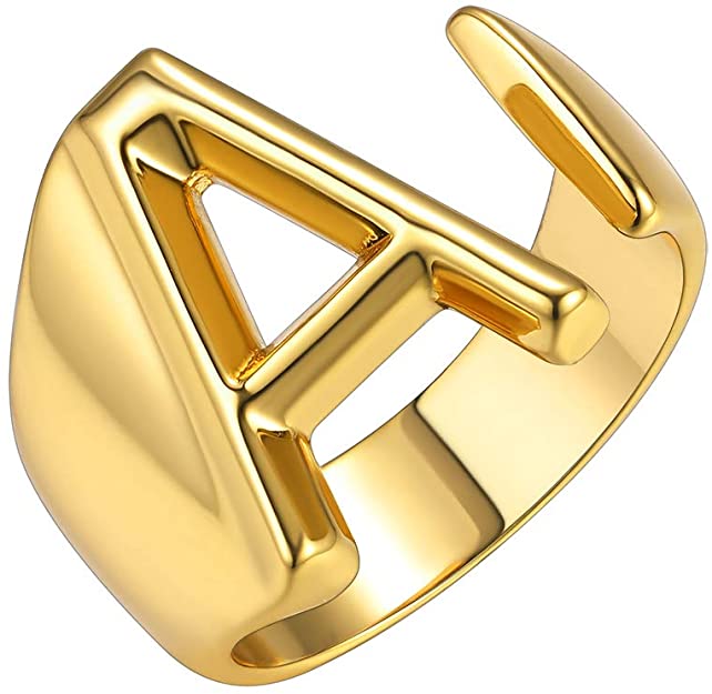 GoldChic Jewelry Personalized Gold Bold Initial Letter Open Ring Adjustable Women Statement Rings Party|Women’s Signet Ring|18K Gold Plated Open Alphabet Rings|Letter A to Z
