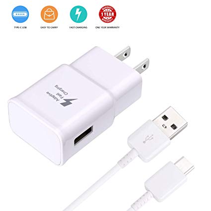 Adaptive Fast Wall Charger Adapter with USB Type C to A Cable Cord Compatible Samsung Galaxy S10 / S10  / S8 / S8  / S9 / S9  / Active/Note 8 / Note 9 and More - White