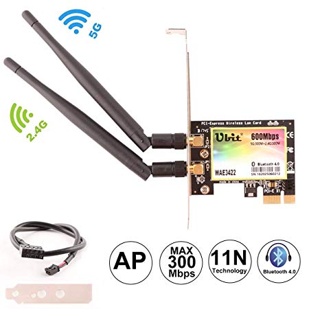 Wireless Network Card,WLAN WiFi Adapter with Bluetooth 4.0,Dual-Band 300Mbps PCI Express Adapter,Ubit 3422 Network Card 3.5dBi Antenna for Desktop PC Adapter