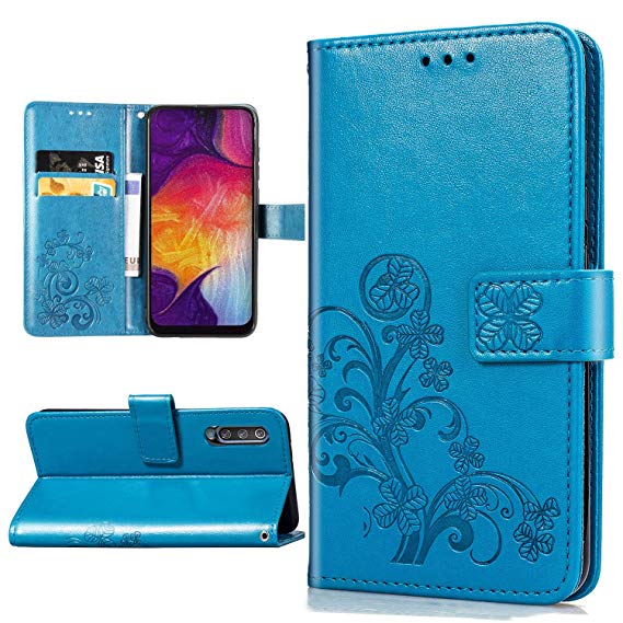 Halnziye Case for Samsung Galaxy A50, Magnetic Closure Soft TPU Flip Leather Wallet Phone Case with Kickstand Card Slots Designed for Samsung Galaxy A50 Cover - Blue