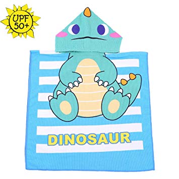 HETH Kids Hooded Beach and Bath Towel 100% Cotton Swimsuit Coverup Swimming Poncho Towel Multi-use for Bath/Shower/Pool (Blue Dinosaur)