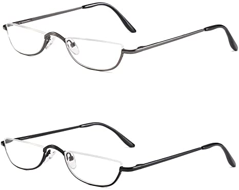 KoKoBin Half Reading Glasses - 2 Pairs Half Rim Metal Frame Glasses Spring Hinge Readers for Men and Women, Black Gunmetal 1.50