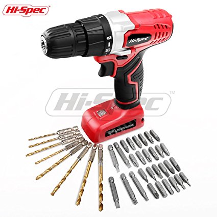 Hi-Spec 8V 1300mAh Li-ion Cordless Battery Power Drill Driver with 38 Piece Drill & Screw Bit Tool Set Kit for DIY Repairs, Assembly, Drilling & Screwdriving In the Home, Office & Garage