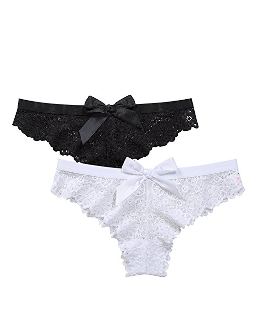 Women's Cute Lacy Trim Bow-Tie Underwear Comfy Cotton Breathable Lace Sexy Thongs Underwear (2 Pack)