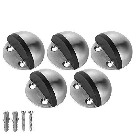 JQK Floor Door Stopper, Stainless Steel Sound Dampening Door Stop Bumper Wall Protetor 5 Pack, Brushed, DSB3-BN-P5