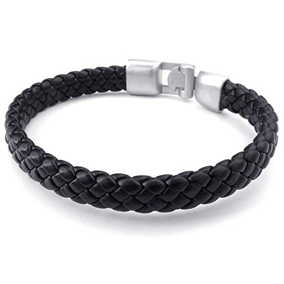 Konov Jewelry Leather Mens Bracelet, Braided Bangle, Black, with Gift Bag, C23983