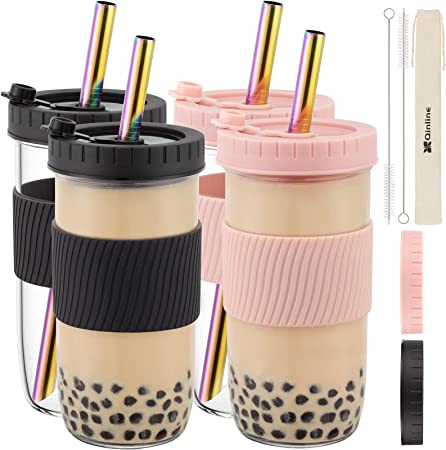 Reusable Boba Cup Bubble Tea Cup 4 Pack, 24Oz Wide Mouth Smoothie Cups with Lid, Silicone Sleeve & Angled Wide Straws, Leakproof Glass Mason Jars Drinking Water Bottle Travel Tumbler for Large Pearl