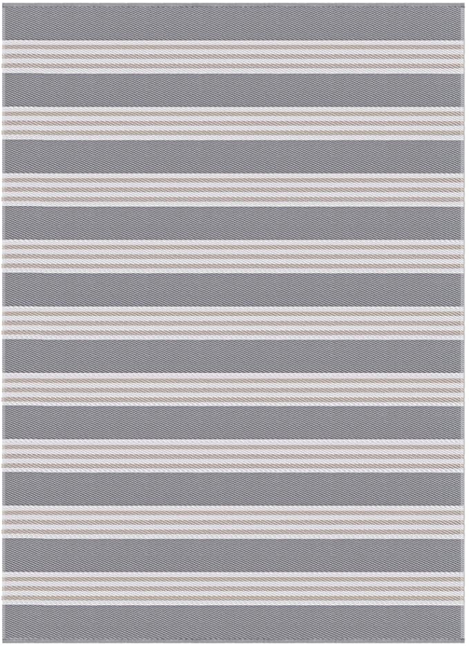 Outdoor Rug for Patio- Recycled Plastic Mat, Grey Beige White Stripe, Reversible, Easy Clean, Green, Waterproof, Sun Dirt Stain Proof, Beach, Picnic RV Camping (4 x 6, Nautica Grey Stripe)