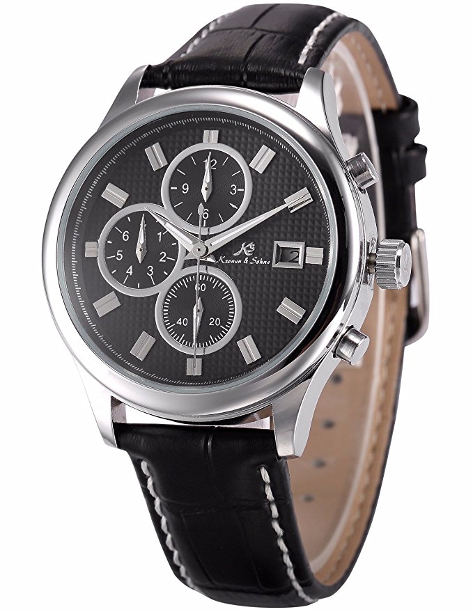KS Automatic Mechanical Men's Analog Wrist Watch Silver Case Black Leather Band KS150
