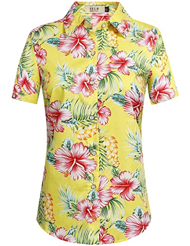 SSLR Women's Floral Button Down Causal Short Sleeve Aloha Hawaiian Shirt