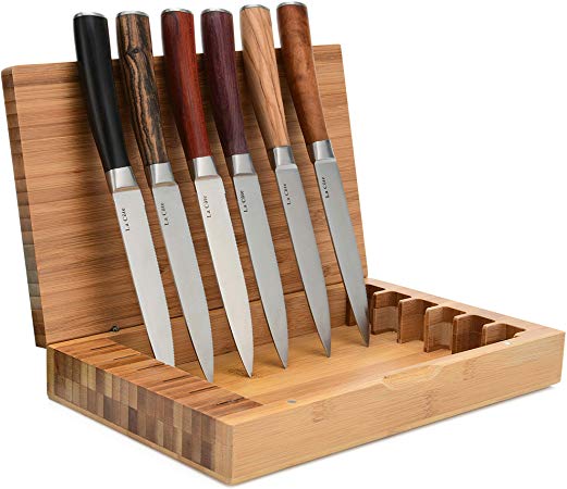 La Cote 6 Piece Steak Knives Set Japanese Stainless Steel Exotic Wood Handles in Bamboo Storage Box (6 PC Steak Knife Set -Exotic Wood)