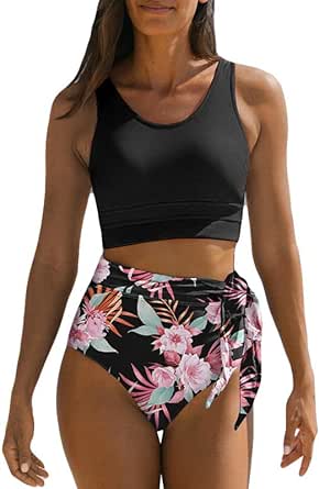 Dokotoo Womens Scoop Neck Racerback High Waisted Bikini Sets Two Piece Swimsuit Floral Print Tummy Control Bathing Suit