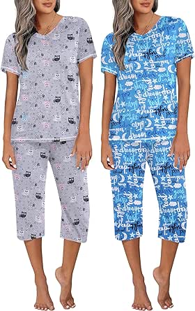 Ekouaer 2 Pack Women's Sleepwear Capri Pajama Sets Short Sleeve Two-Piece Pjs V Neck Tops & Capri Pants with Pockets S-3XL