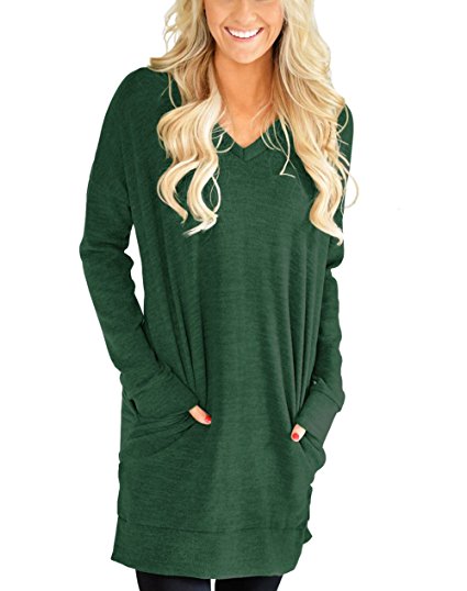 Tovly Women Long Sleeve Casual V-Neck Hoodie Sweatshirt With Pockets Loose T Shirt Blouses Tops