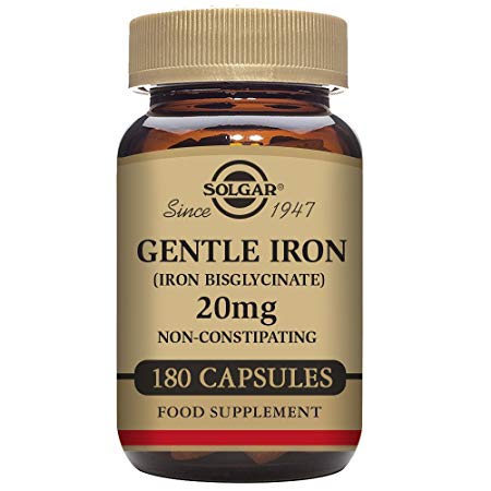 Solgar Gentle Iron (Iron Bisglycinate) 25mg, Non-Constipating, Non-GMO, 180 Vegetable Capsules