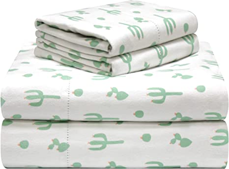 Pointehaven 180 GSM Velvet Feel Luxury Cotton Printed Flannel Sheet Set, Queen, Cactus