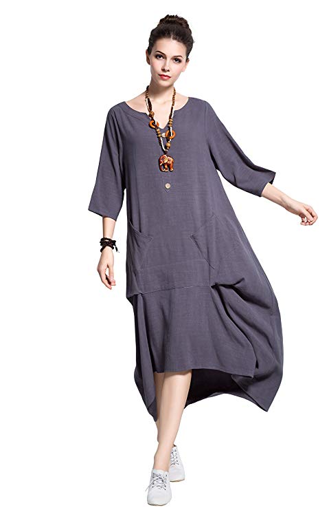 Anysize Coconut Shell Buttons Linen&Cotton Dress Spring Fall Plus Size Dress Y133