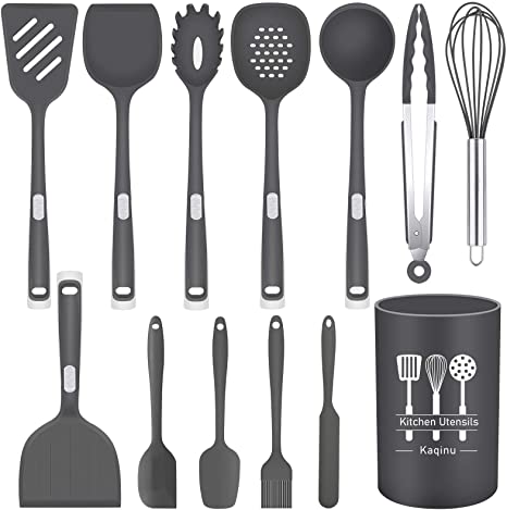 Kitchen Silicone Utensil Set, Kaqinu 13 Pcs Full Silicone Handle Heat Resistant Cooking Utensils BPA Free, Non Toxic Non-stick Kitchen Cookware Turner,Tongs,Spatula,Spoon,Brush Sets with Holder