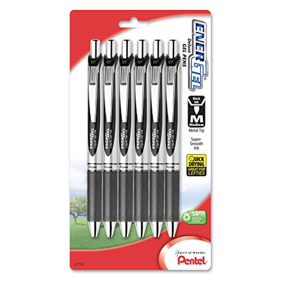 Pentel EnerGel RTX Retractable Liquid Gel Pen, Medium Line, Metal Tip, Black Ink, 6 Pack (BL77BP6A)