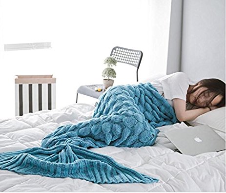 Newest Handmade Mermaid Tail Blanket, Warm and Soft with Scales Pattern for Adult Snuggled Upon the Sofa in Sweet Night (70.86'' x 35.43'') (Light blue)