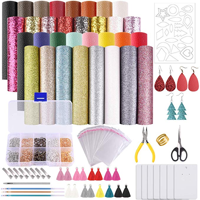 MIAHART Leather Earring Making Kit 32 pcs Faux Leather Sheets with Earring Hooks, Jump Rings, Templates, Tassels and Tools for Earring Making Supplies(6 x 8.3 inch)