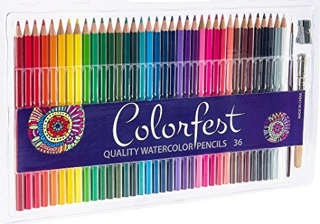 Watercolor Pencils Premium Set by Colorfest Includes 36 Artist Grade Pencils, Pencil Extender, Blending Brush & Sharpener