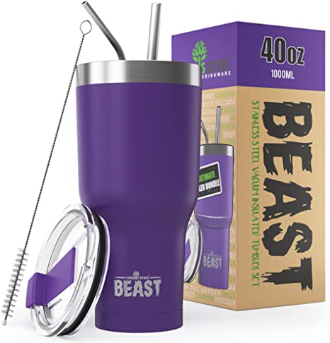 BEAST 40oz Purple Tumbler - Stainless Steel Insulated Coffee Cup with Lid, 2 Straws, Brush & Gift Box by Greens Steel