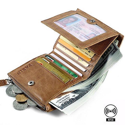 RFID Blocking Genuine Leather Trifold Wallets for Men Credit Card Protector Vintage