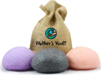 Organic Skin Care Exfoliating Konjac Sponge By Mother's Vault - All Natural Beauty Supply Prevents Breakouts While Exfoliating & Toning for a Better Complexion (1xCharcoal 1xLavender 1xRose)