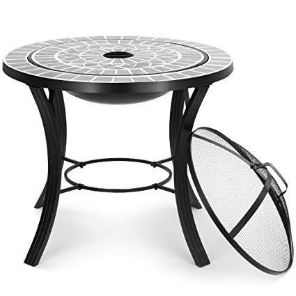 VonHaus Dark Grey Mosaic Fire Pit/Coffee Table with BBQ Grill - Garden Brazier Bowl for Cooking & Patio Heating