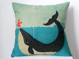 Decorbox Cotton Linen Square Decorative Retro Throw Pillow Case Vintage Cushion Cover Whale and Bird Friend 18 X18