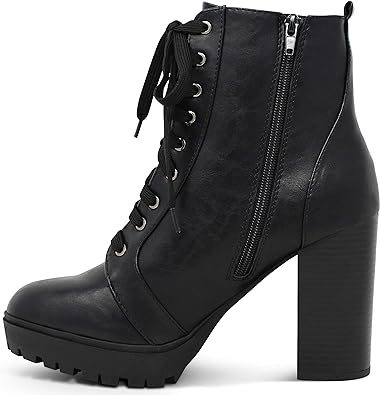 MARCOREPUBLIC Boston Women's Combat Boots Round Toe Chunky Block Stacked Heels Lace Up Ankle Booties for Women