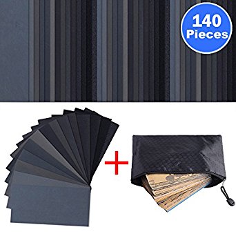 140 Pieces Sandpaper Assorted Wet/ Dry, 120 to 3000 Grit Sandpaper Assortment, 3 x 5.5 Inch Abrasive Paper Sheet with Free Pouch, for Automotive Sanding, Wood Furniture Finishing