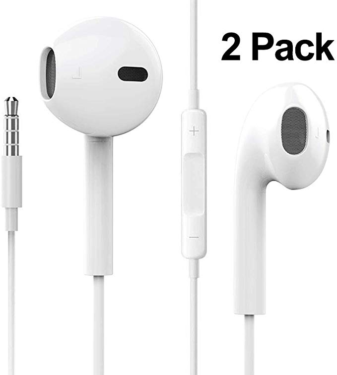 2 Pack Headphones/Earphones/Earbuds, 3.5mm Headphones Noise Isolating Earphones Built-in Microphone & Volume Control Compatible for Apple iPhone 6s 6 Plus 5s All 3.5mm，Android Devices (White)