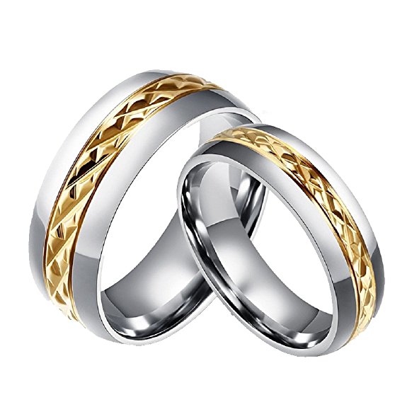 ROWAG Novelty Gold Plated 8MM Men Titanium Stainless Steel Couple Wedding Bands for Him and Her 6MM Women Promise Engagement Rings