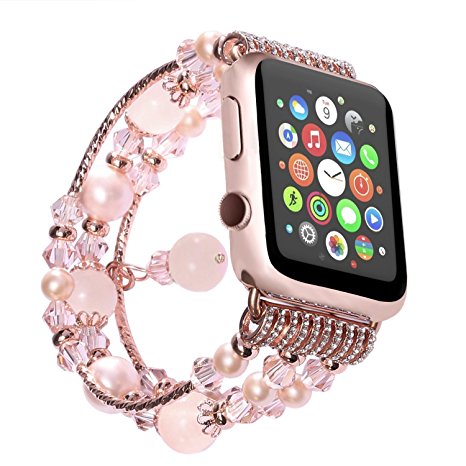 Apple Watch Band, ADDAO Fashion Elastic Stretch iwatch Strap Replacement Wristwatch Natural Agate Bracelet for Apple Watch Series 2, Series 1 all Version (Pink-38MM)