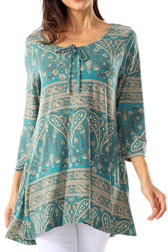 Bzonly Women Casual Tunic Top 3/4 Sleeve Paisley Printed Scoop Neck Blouses Shirt
