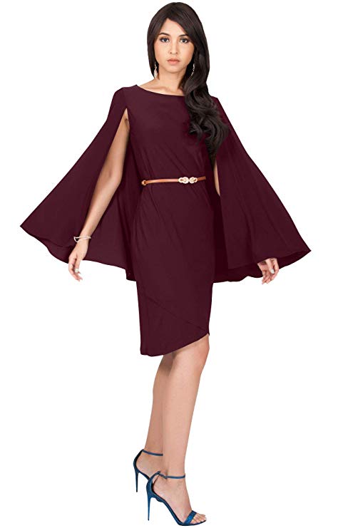KOH KOH Womens Cape Long Sleeve Round Neck Cocktail with Leather Belt Mini Dress
