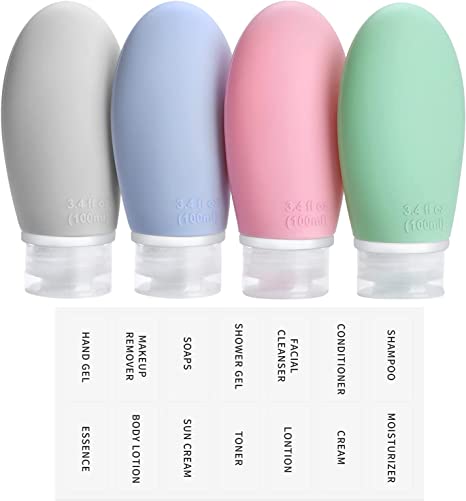 Opret 100ml Silicone Travel Bottle, 4 Pack Leak Proof Refillable Squeezable Containers with Lable 3.4oz for Shampoo, Conditioner and Toiletries, BPA Free and TSA Approved