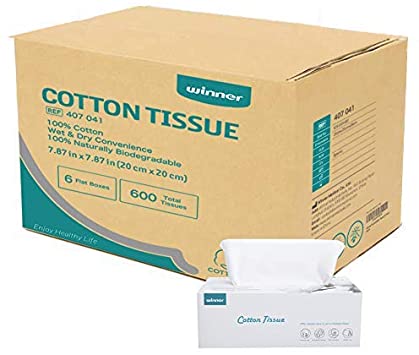 Case of 1,Dry Baby Wipes Winner Facial Cotton Tissue, 100% Cotton Flat Tissue Boxes, 6 Boxes/ Case, 100 Tissues/Box, 600 Sheets