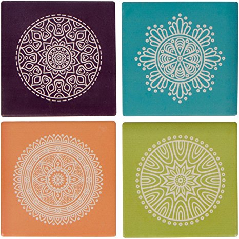 Planet Ethnic Colorful Mandala Circles Designer Ceramic Coaster Set (4 coasters, each almost 4 X 4 inches) with matching wooden coaster holder.