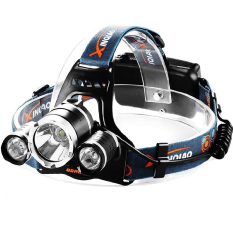 TOTOBAY Waterproof 4 Modes 3 LED Beams Headlamp, 18650 Rechargeable Batteries and Charger Included