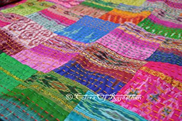 COR's King Size Patola Silk Patch Work Kantha Quilt , Kantha Blanket Bedspread, Patch Kantha Throw, King Kantha, Kantha Rallies Indian Sari Quilt, Size 90" X 108"