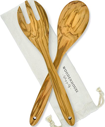 Olive Wood Spoon Salad Set, Olivewood Kitchen Utensils Set, Wooden Spoons Salad Servers & Tongs, 12 inches Wooden Salad Fork and Spoon for Cooking and Serving. Beautiful Natural Tossers, Italian Wood