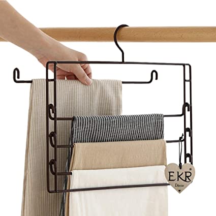 EKR Multi-Function Trousers Pants Clothes Hangers Closet Storage Organizer Multipurpose for Jeans Scarf Ties Legging Wardrobe Space Saver 4 Collapsible Swinging arm Multilayer Hanger