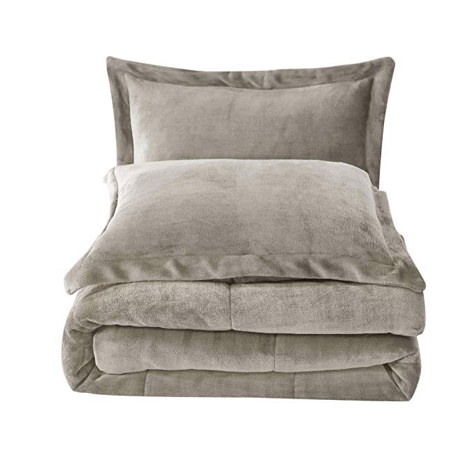 Chezmoi Collection 3-Piece Micromink Sherpa Reversible Down Alternative Comforter Set (Queen, Taupe)